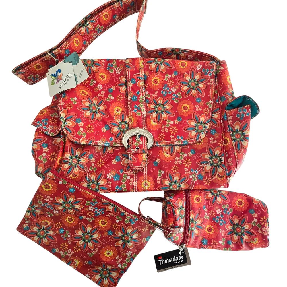Kalencom NWT Red Primavera Floral Buckle Diaper Bag, Bottle Holder and Pouch